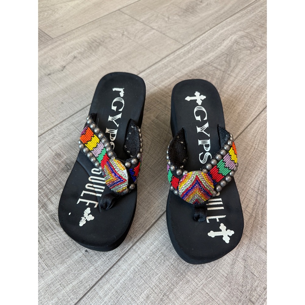 Gypsy Soule Beaded Platform Wedge Flip Flops Y2K Western Boho Sandals 8